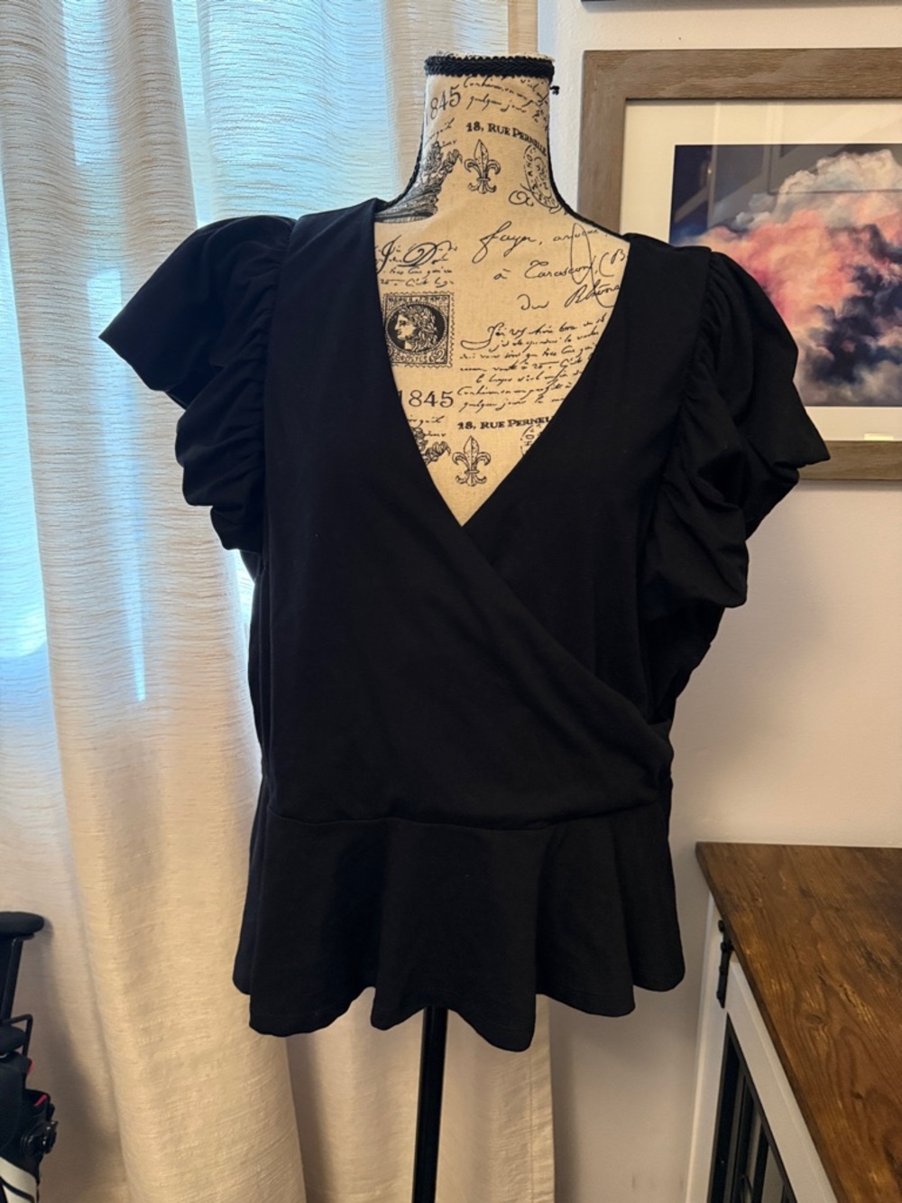Express Black Puff Sleeve Wrap Peplum Blouse
